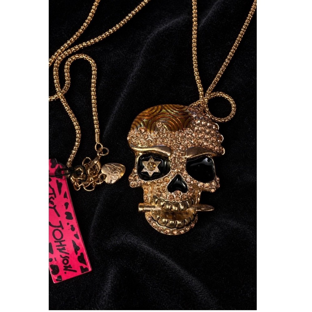 Betsey Johnson Crystal Skull Pendant Necklace Gold Tone Star Eye NWT Statement